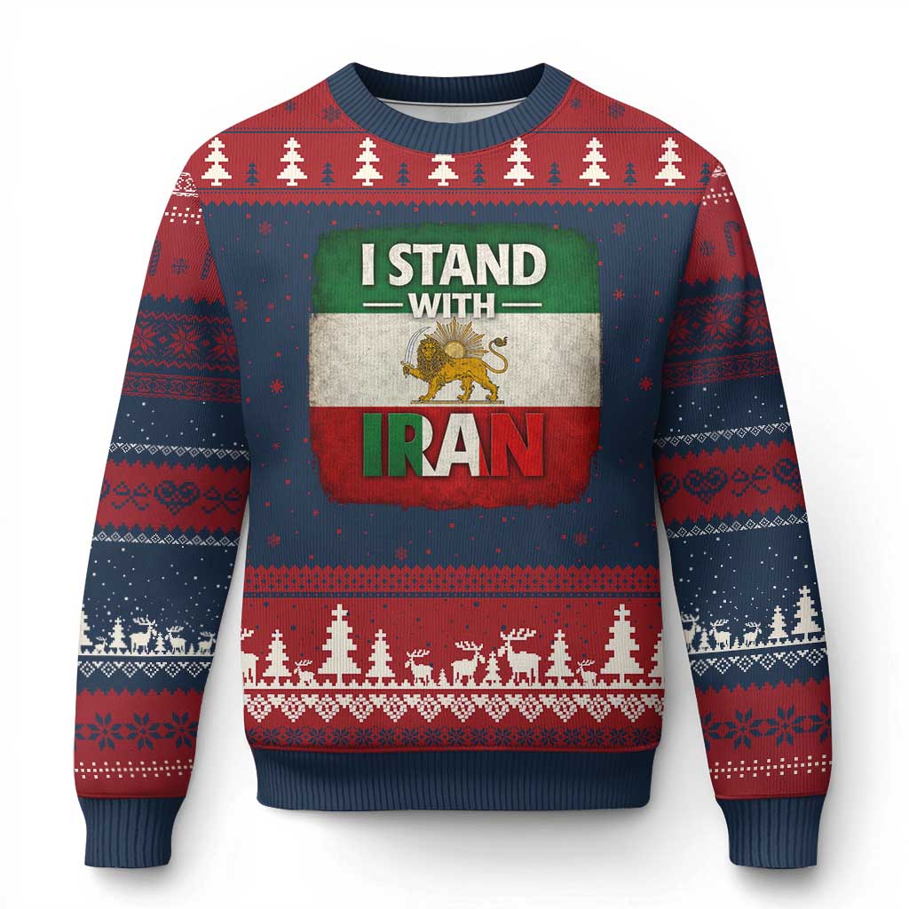 I Stand With Iran Ugly Christmas Sweater Free Iran Support Persian Lion Flag