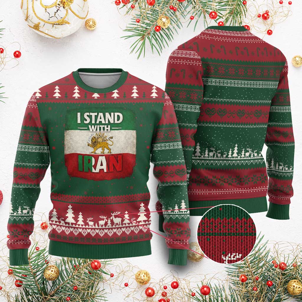 I Stand With Iran Ugly Christmas Sweater Free Iran Support Persian Lion Flag