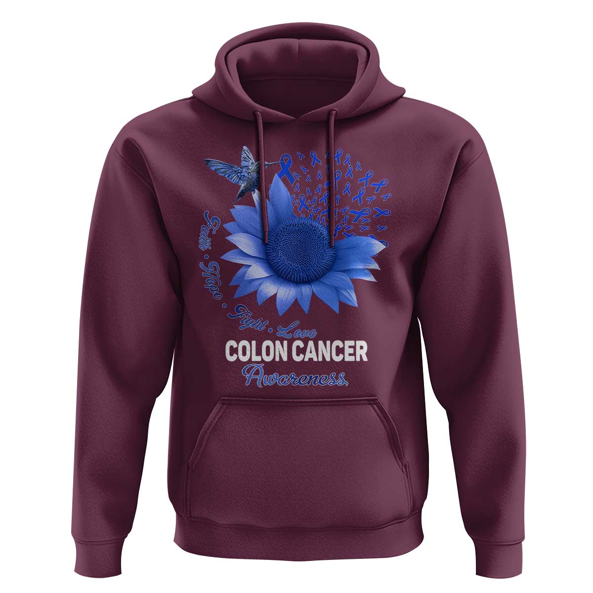 Colon Cancer Awareness Hoodie Faith Hope Fight Love Blue Sunflower Ribbon