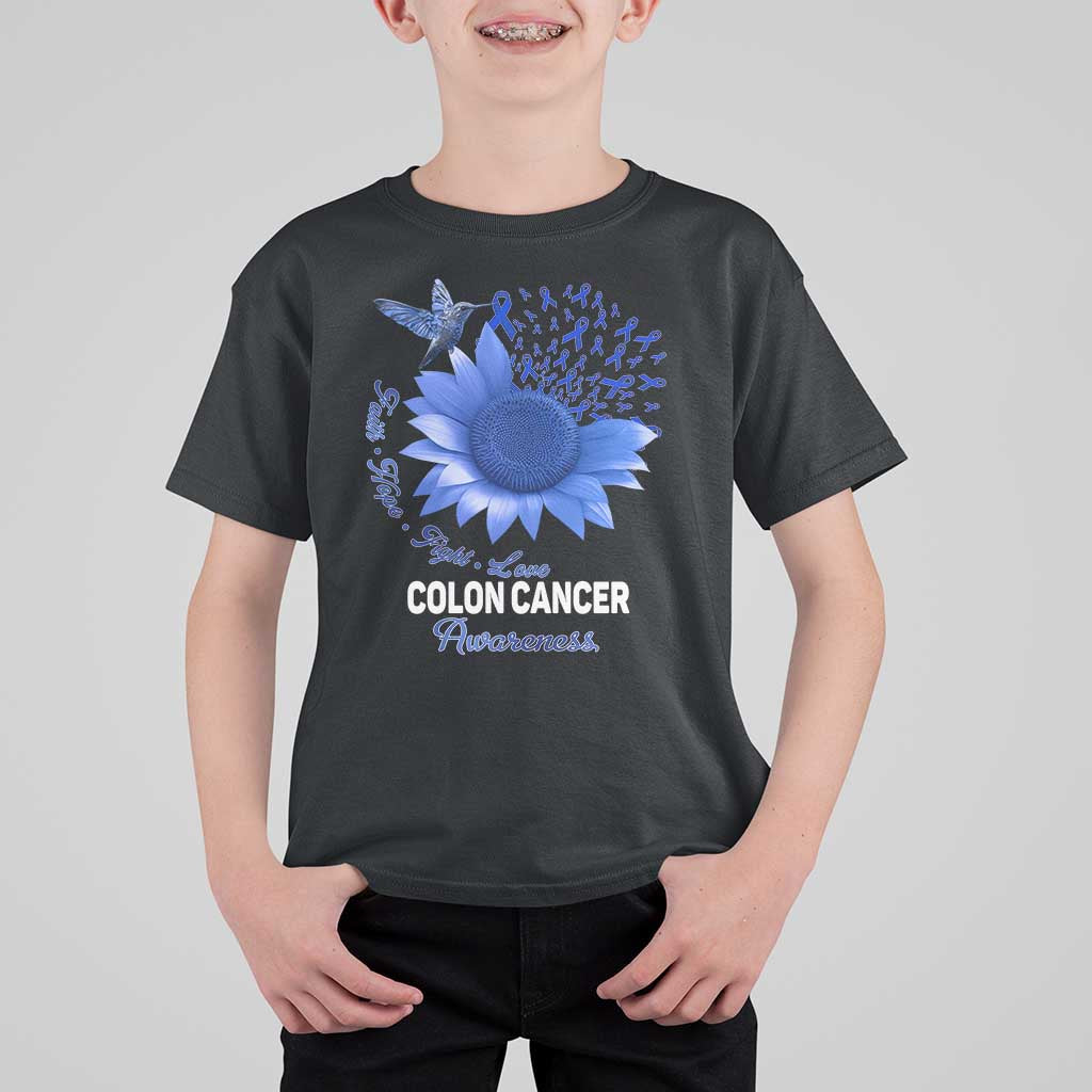 Colon Cancer Awareness T Shirt For Kid Faith Hope Fight Love Blue Sunflower Ribbon