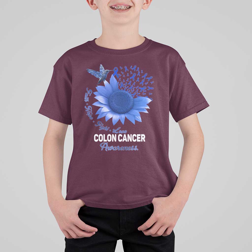 Colon Cancer Awareness T Shirt For Kid Faith Hope Fight Love Blue Sunflower Ribbon