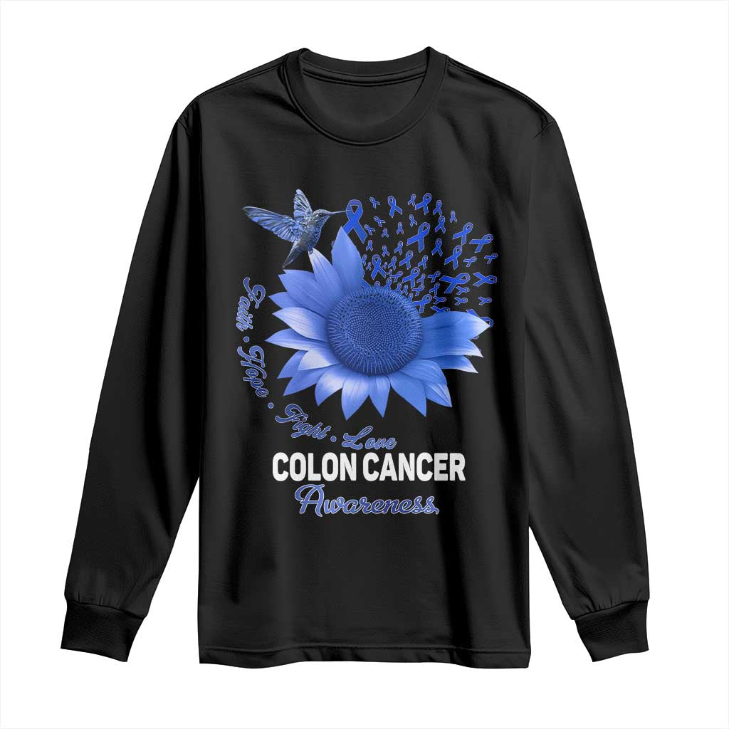 Colon Cancer Awareness Long Sleeve Shirt Faith Hope Fight Love Blue Sunflower Ribbon