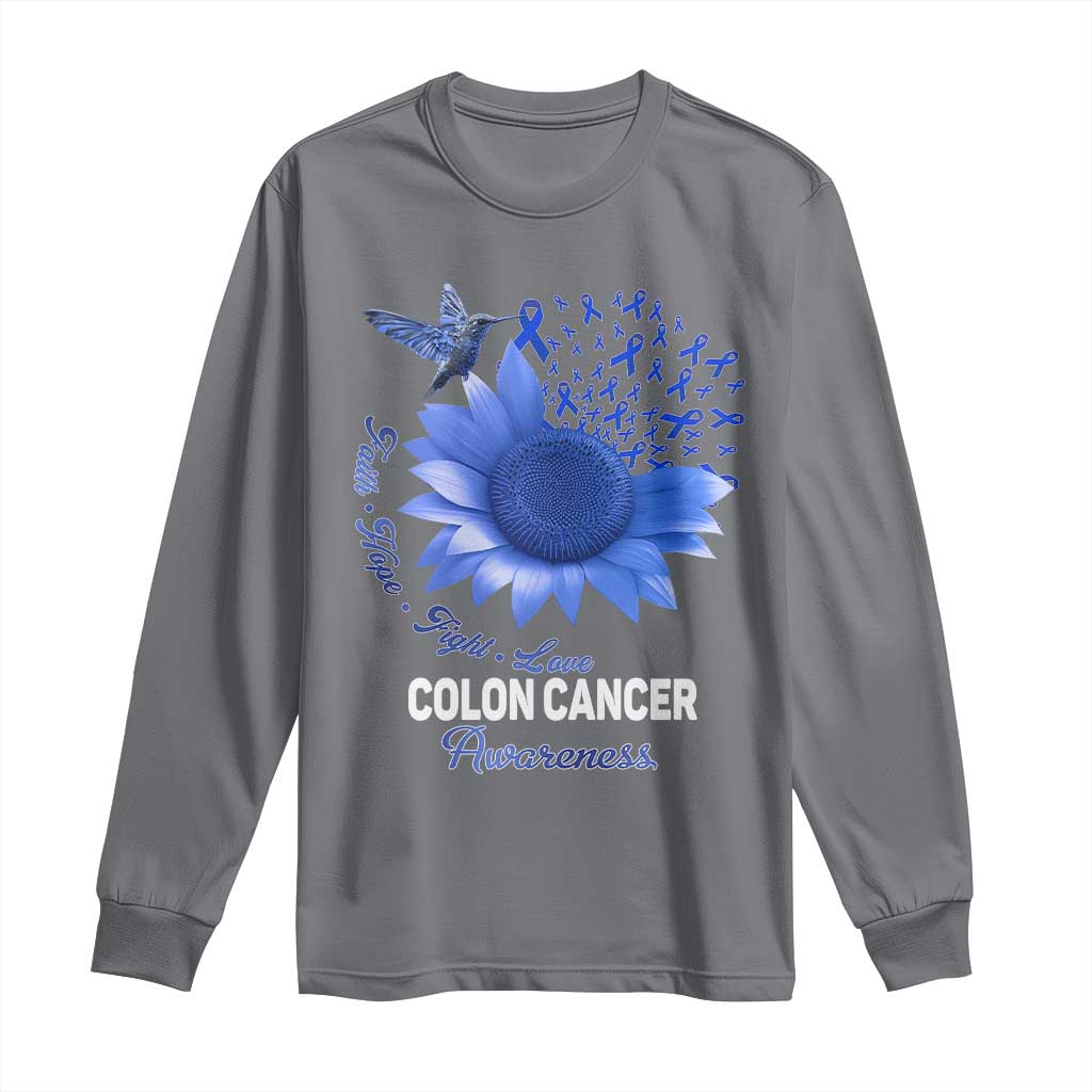 Colon Cancer Awareness Long Sleeve Shirt Faith Hope Fight Love Blue Sunflower Ribbon
