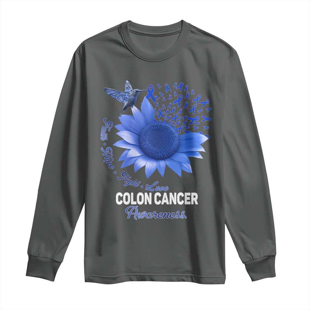 Colon Cancer Awareness Long Sleeve Shirt Faith Hope Fight Love Blue Sunflower Ribbon