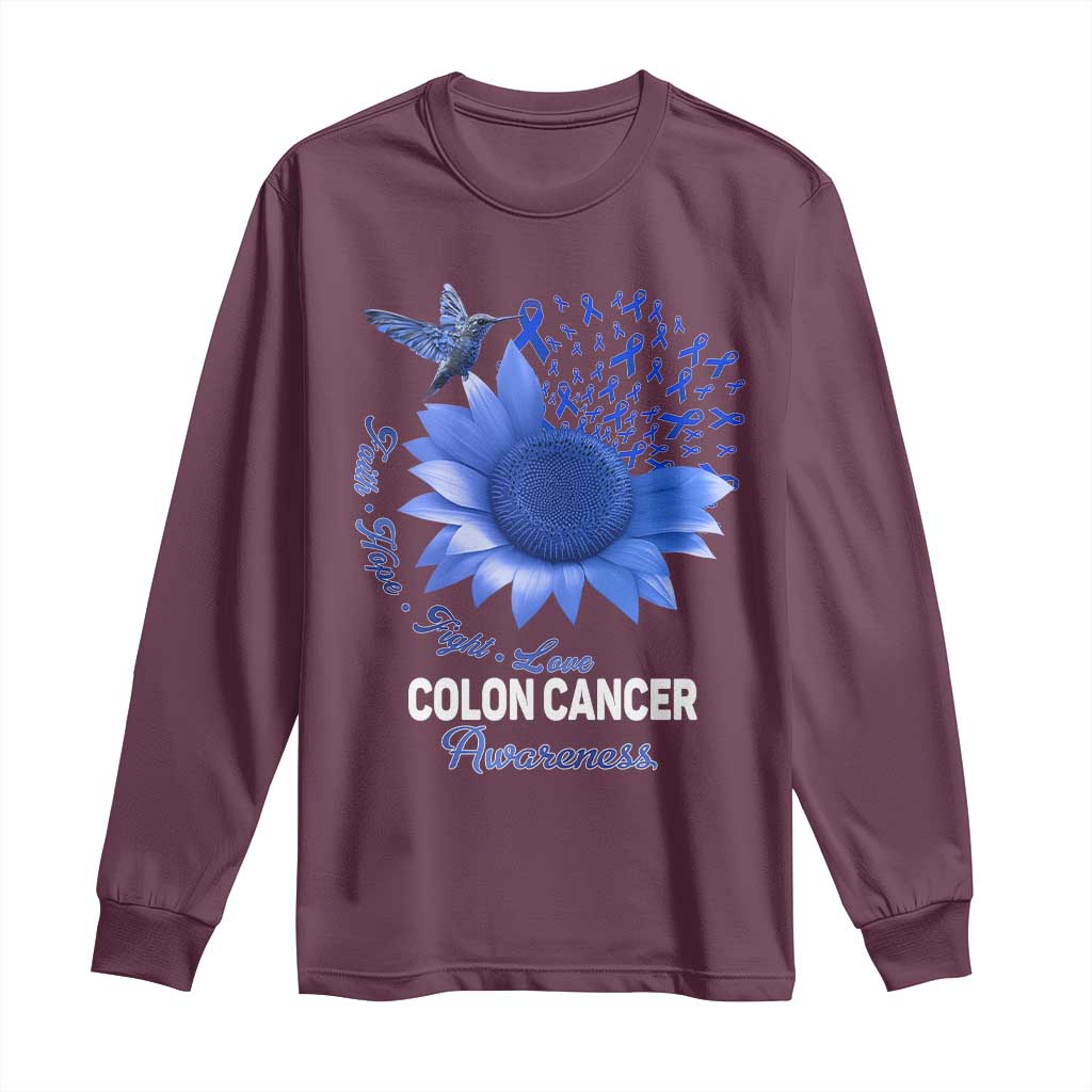 Colon Cancer Awareness Long Sleeve Shirt Faith Hope Fight Love Blue Sunflower Ribbon