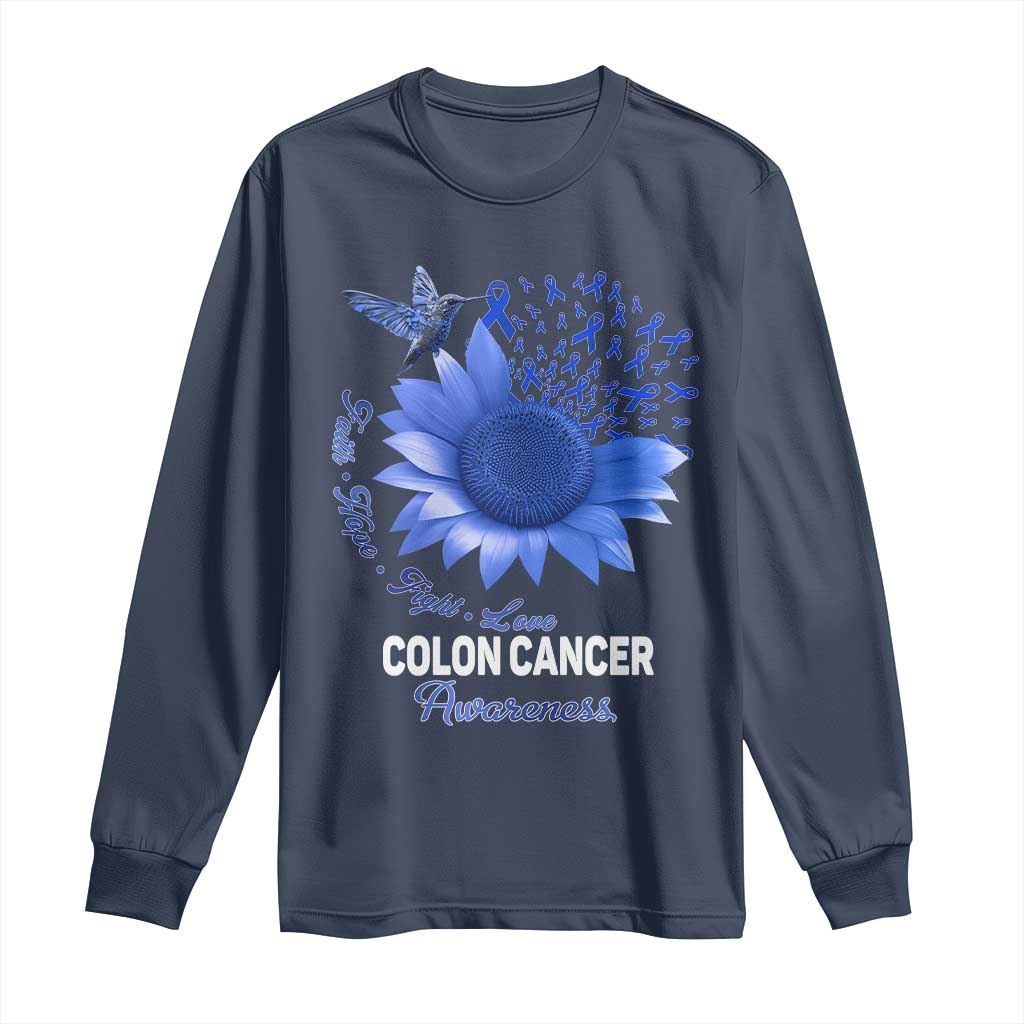 Colon Cancer Awareness Long Sleeve Shirt Faith Hope Fight Love Blue Sunflower Ribbon