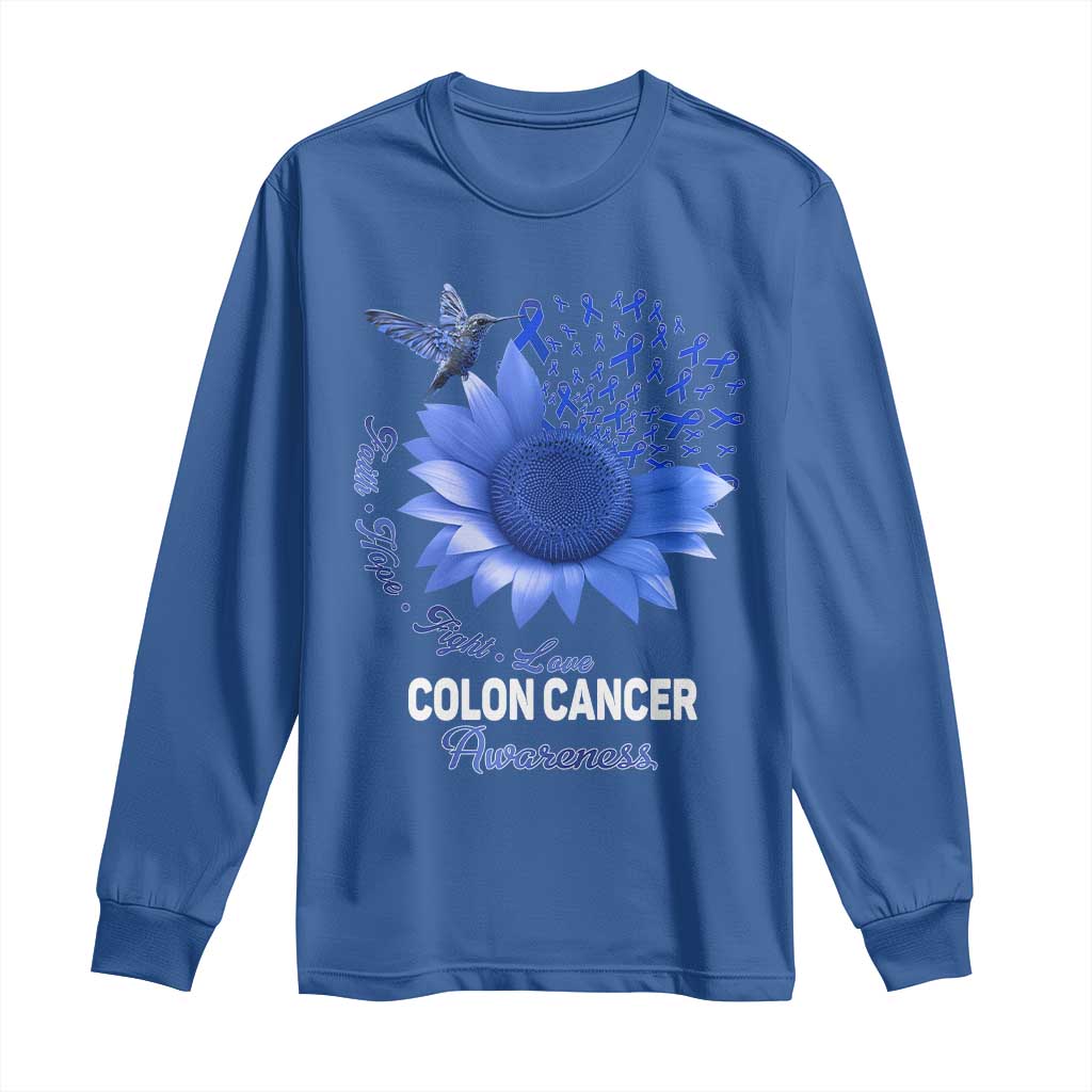 Colon Cancer Awareness Long Sleeve Shirt Faith Hope Fight Love Blue Sunflower Ribbon