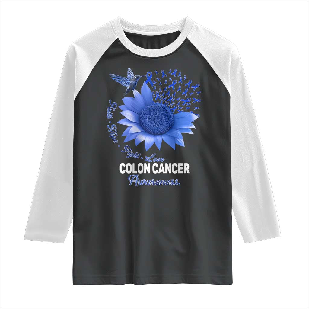 Colon Cancer Awareness Raglan Shirt Faith Hope Fight Love Blue Sunflower Ribbon