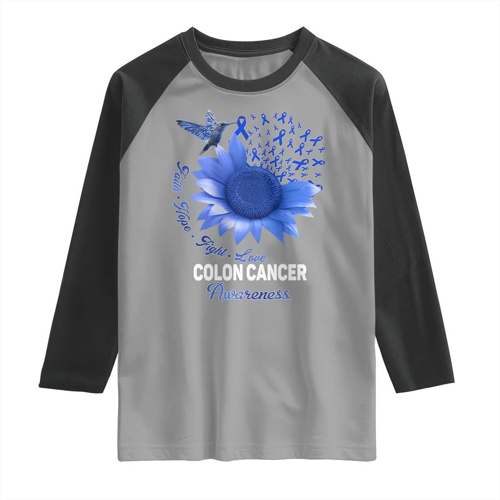 Colon Cancer Awareness Raglan Shirt Faith Hope Fight Love Blue Sunflower Ribbon