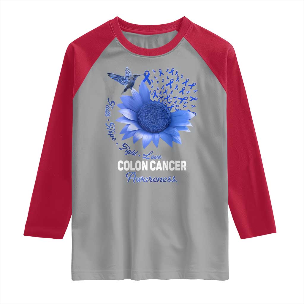 Colon Cancer Awareness Raglan Shirt Faith Hope Fight Love Blue Sunflower Ribbon