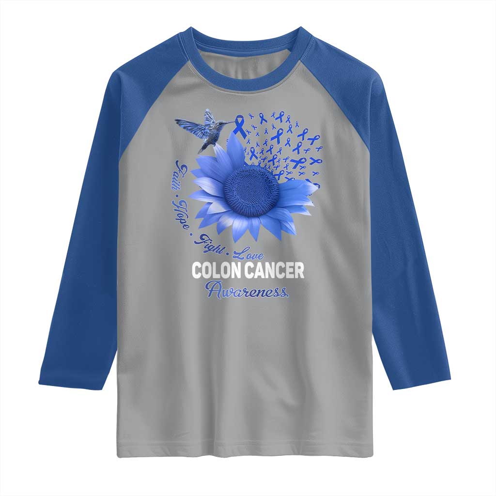 Colon Cancer Awareness Raglan Shirt Faith Hope Fight Love Blue Sunflower Ribbon