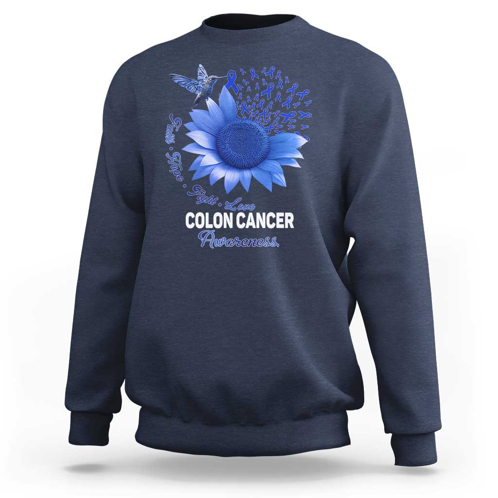 Colon Cancer Awareness Sweatshirt Faith Hope Fight Love Blue Sunflower Ribbon