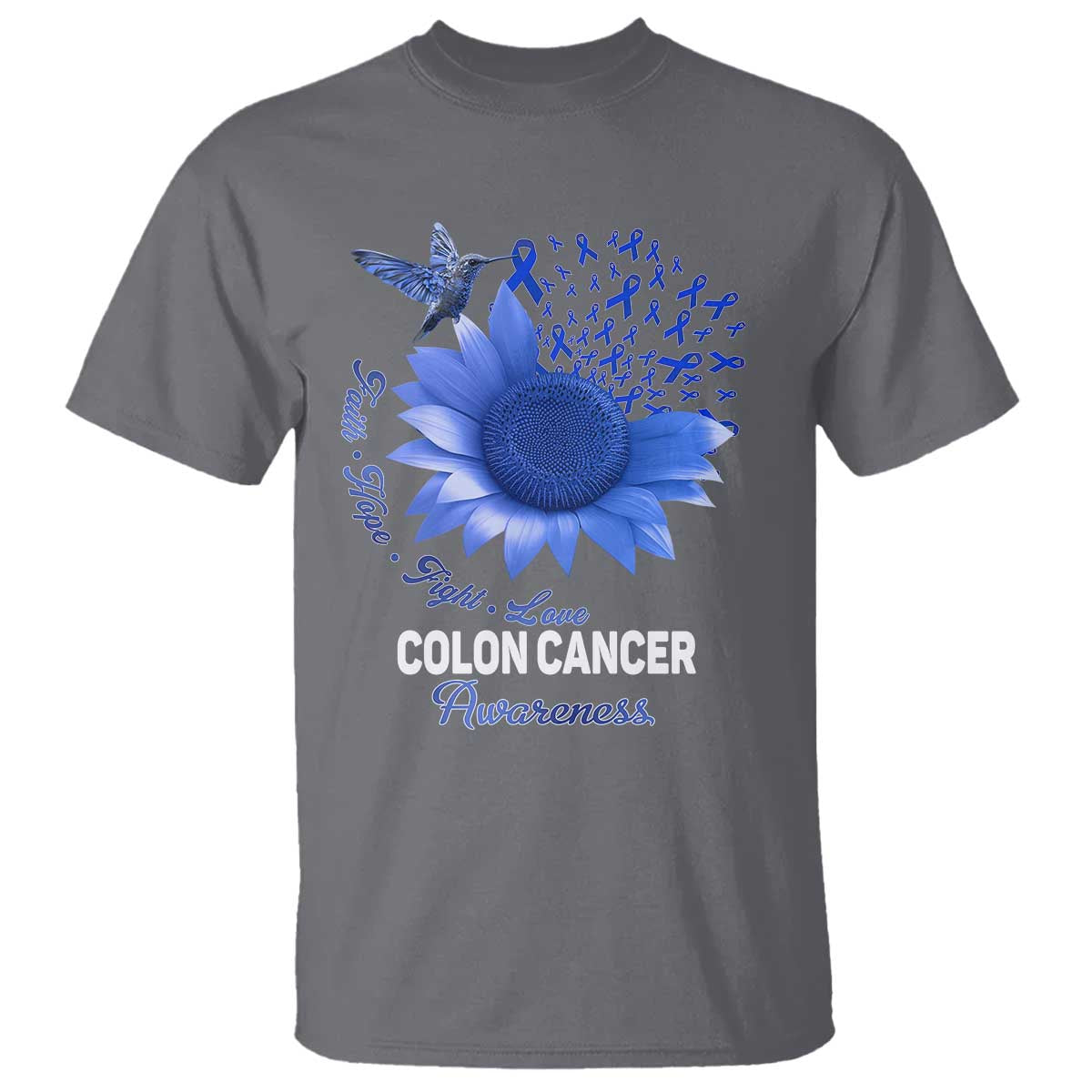 Colon Cancer Awareness T Shirt Faith Hope Fight Love Blue Sunflower Ribbon