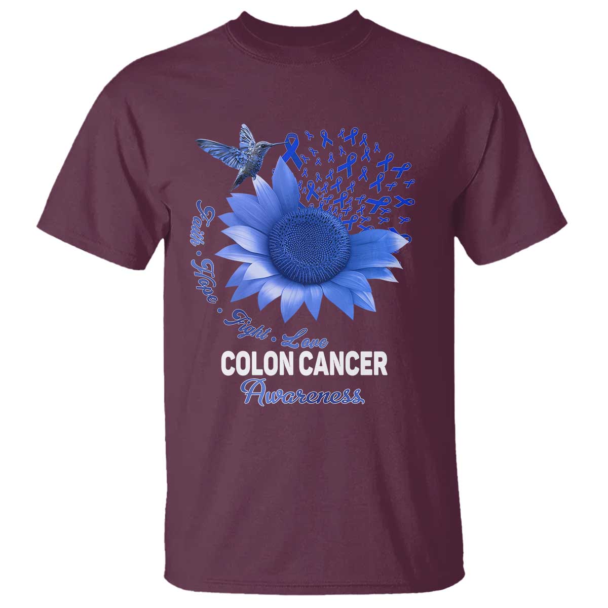 Colon Cancer Awareness T Shirt Faith Hope Fight Love Blue Sunflower Ribbon