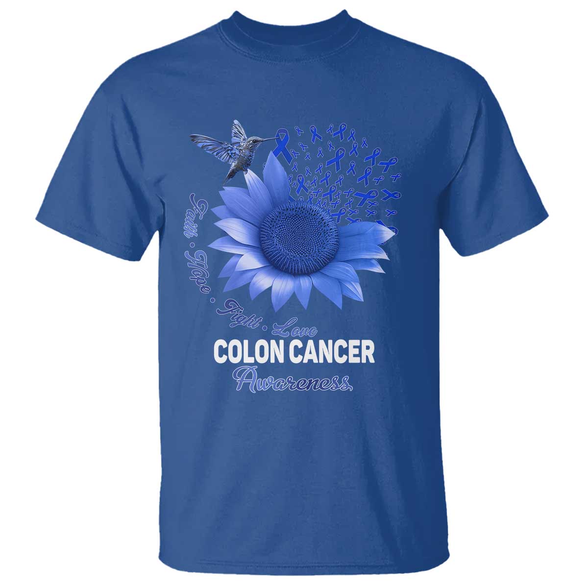 Colon Cancer Awareness T Shirt Faith Hope Fight Love Blue Sunflower Ribbon