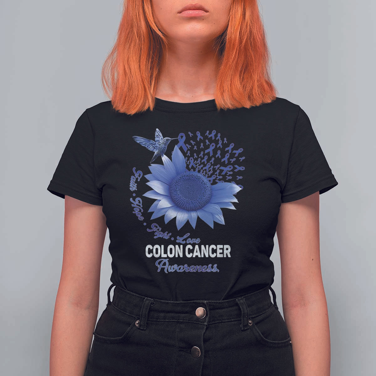 Colon Cancer Awareness T Shirt For Women Faith Hope Fight Love Blue Sunflower Ribbon