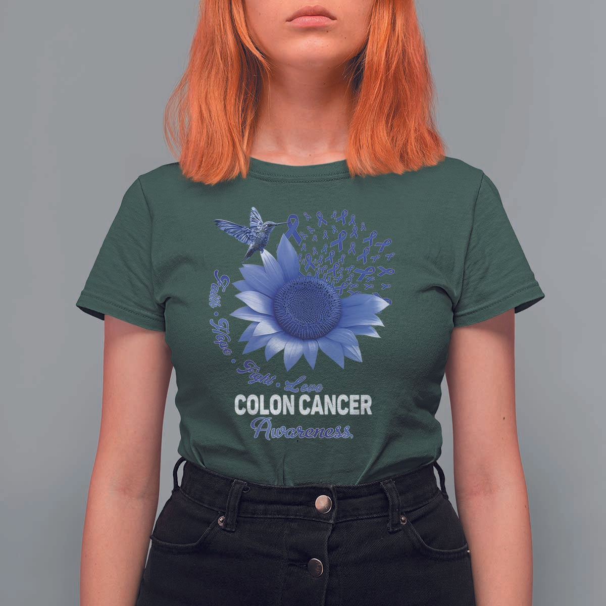 Colon Cancer Awareness T Shirt For Women Faith Hope Fight Love Blue Sunflower Ribbon