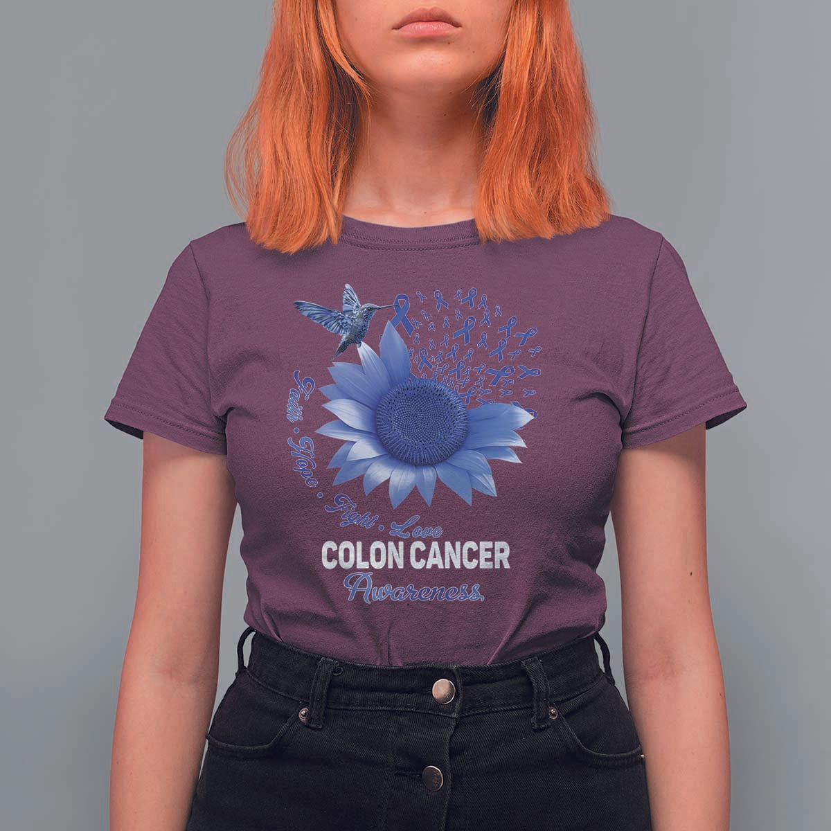 Colon Cancer Awareness T Shirt For Women Faith Hope Fight Love Blue Sunflower Ribbon