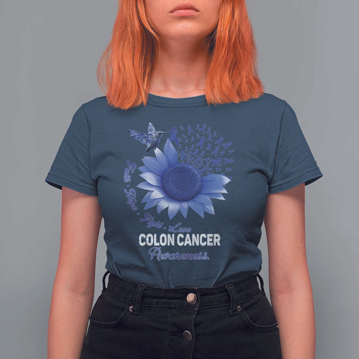 Colon Cancer Awareness T Shirt For Women Faith Hope Fight Love Blue Sunflower Ribbon