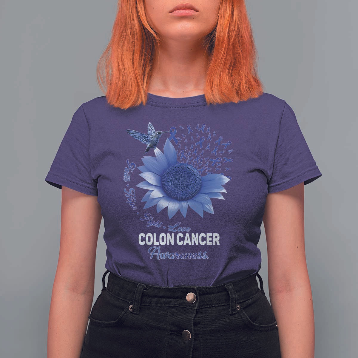 Colon Cancer Awareness T Shirt For Women Faith Hope Fight Love Blue Sunflower Ribbon
