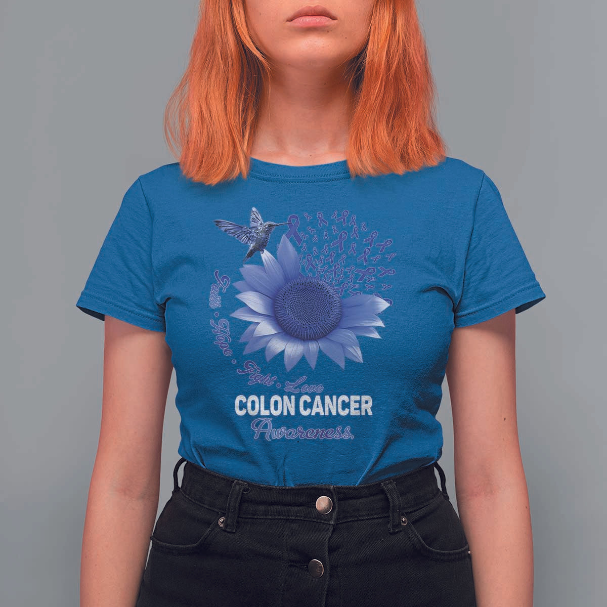 Colon Cancer Awareness T Shirt For Women Faith Hope Fight Love Blue Sunflower Ribbon