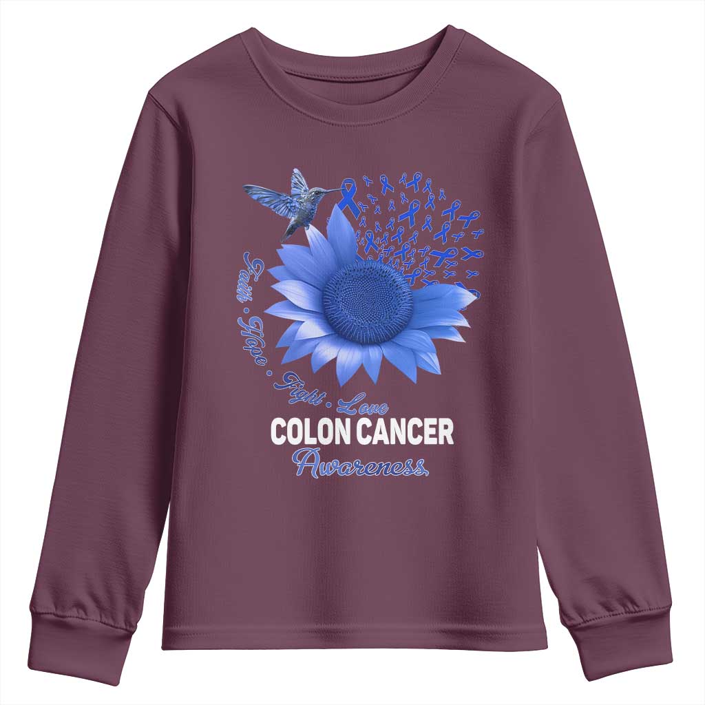 Colon Cancer Awareness Youth Sweatshirt Faith Hope Fight Love Blue Sunflower Ribbon