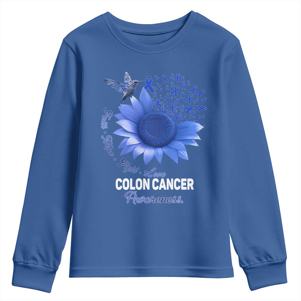 Colon Cancer Awareness Youth Sweatshirt Faith Hope Fight Love Blue Sunflower Ribbon