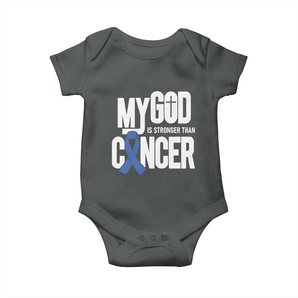 Colorectal Cancer Awareness Baby Onesie My God Is Stronger Than Cancer