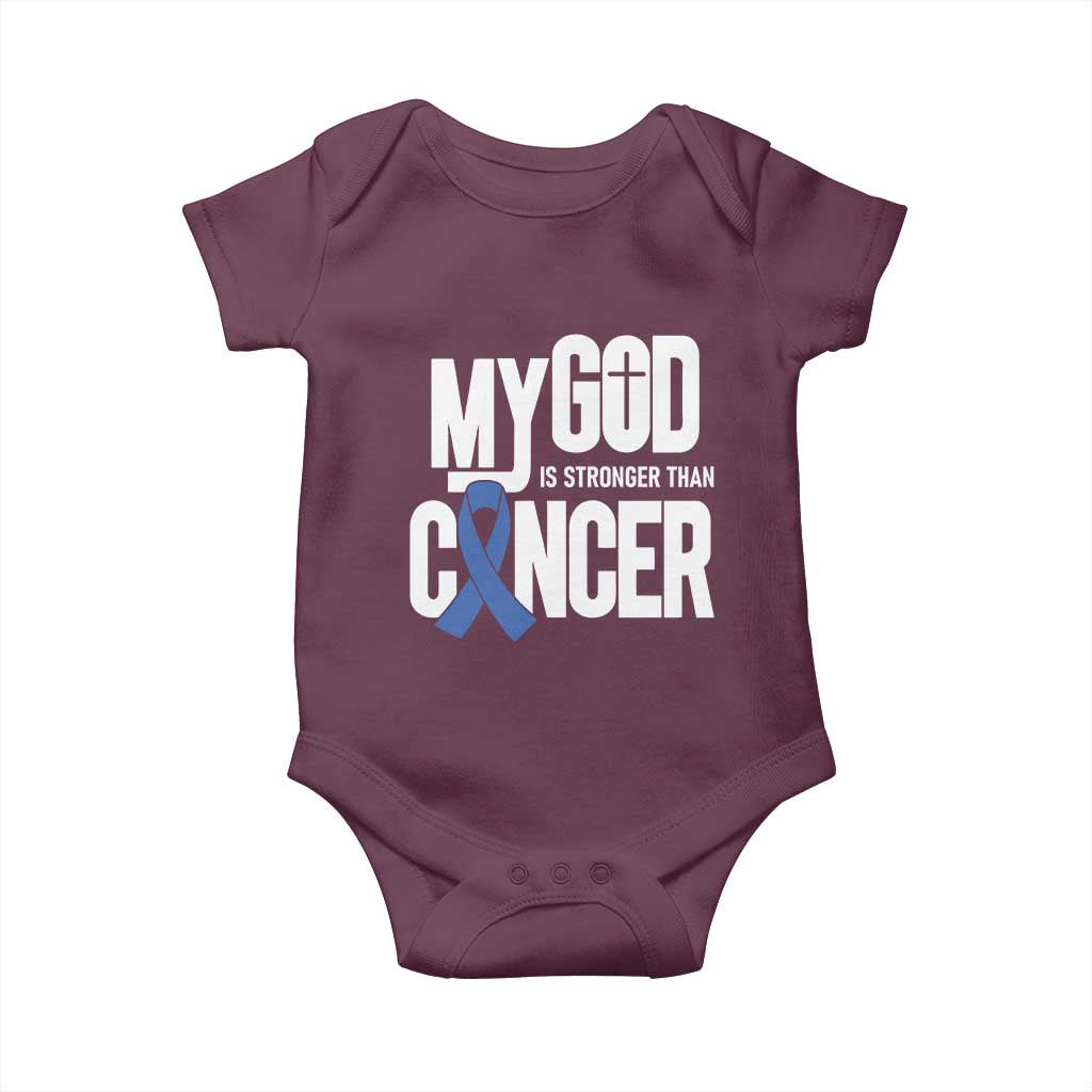 Colorectal Cancer Awareness Baby Onesie My God Is Stronger Than Cancer