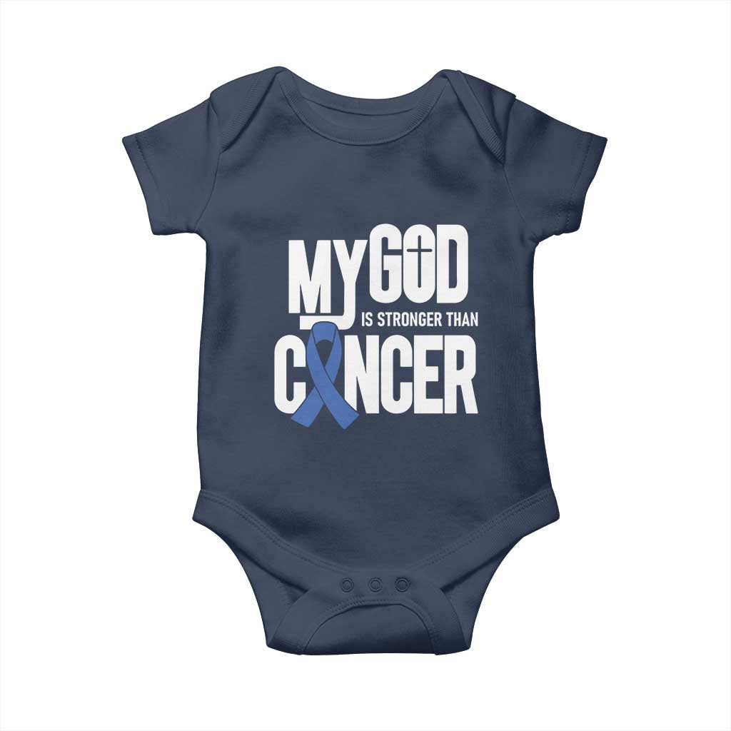 Colorectal Cancer Awareness Baby Onesie My God Is Stronger Than Cancer