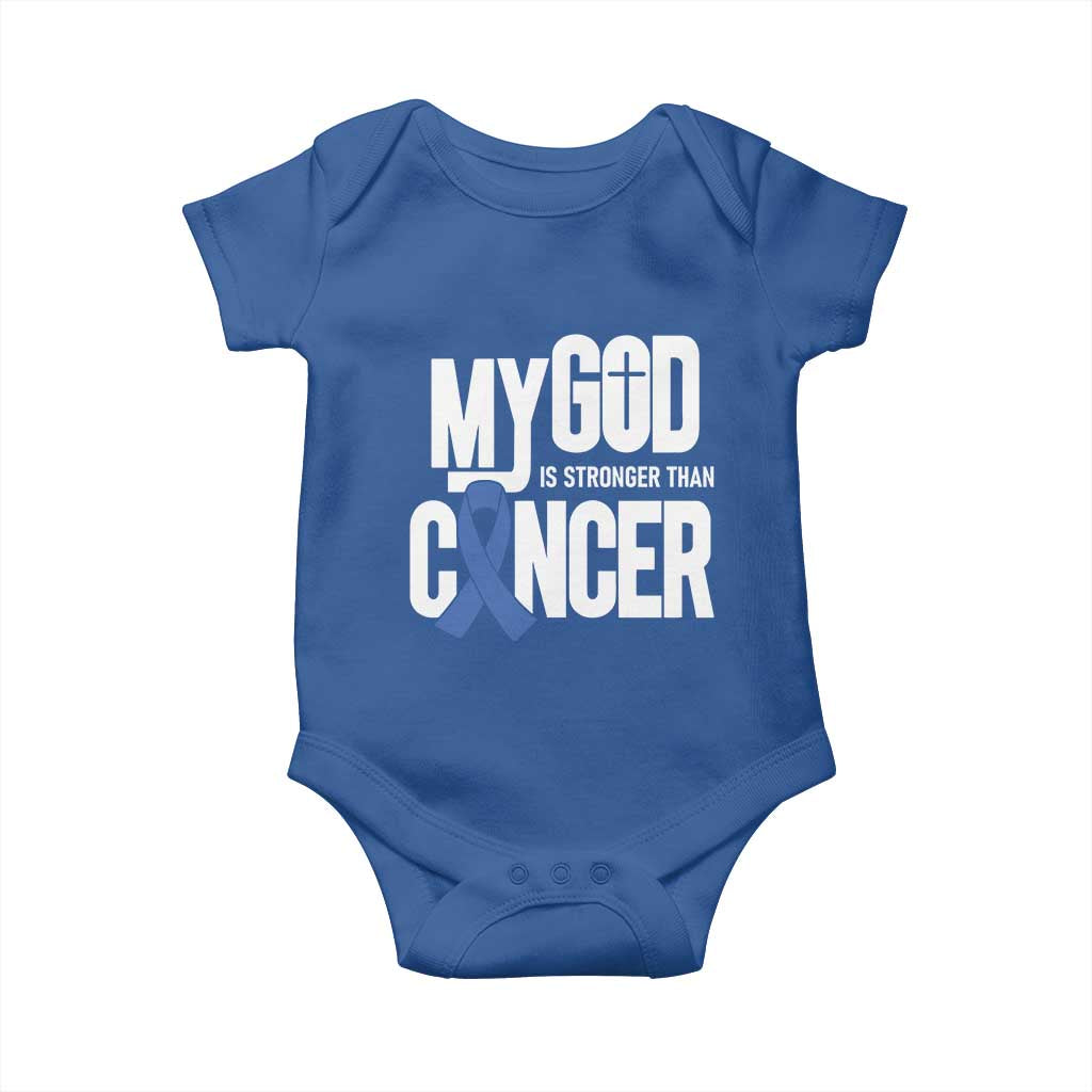 Colorectal Cancer Awareness Baby Onesie My God Is Stronger Than Cancer