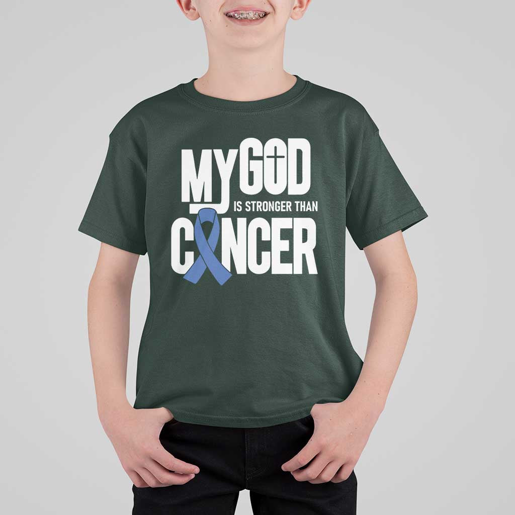 Colorectal Cancer Awareness T Shirt For Kid My God Is Stronger Than Cancer