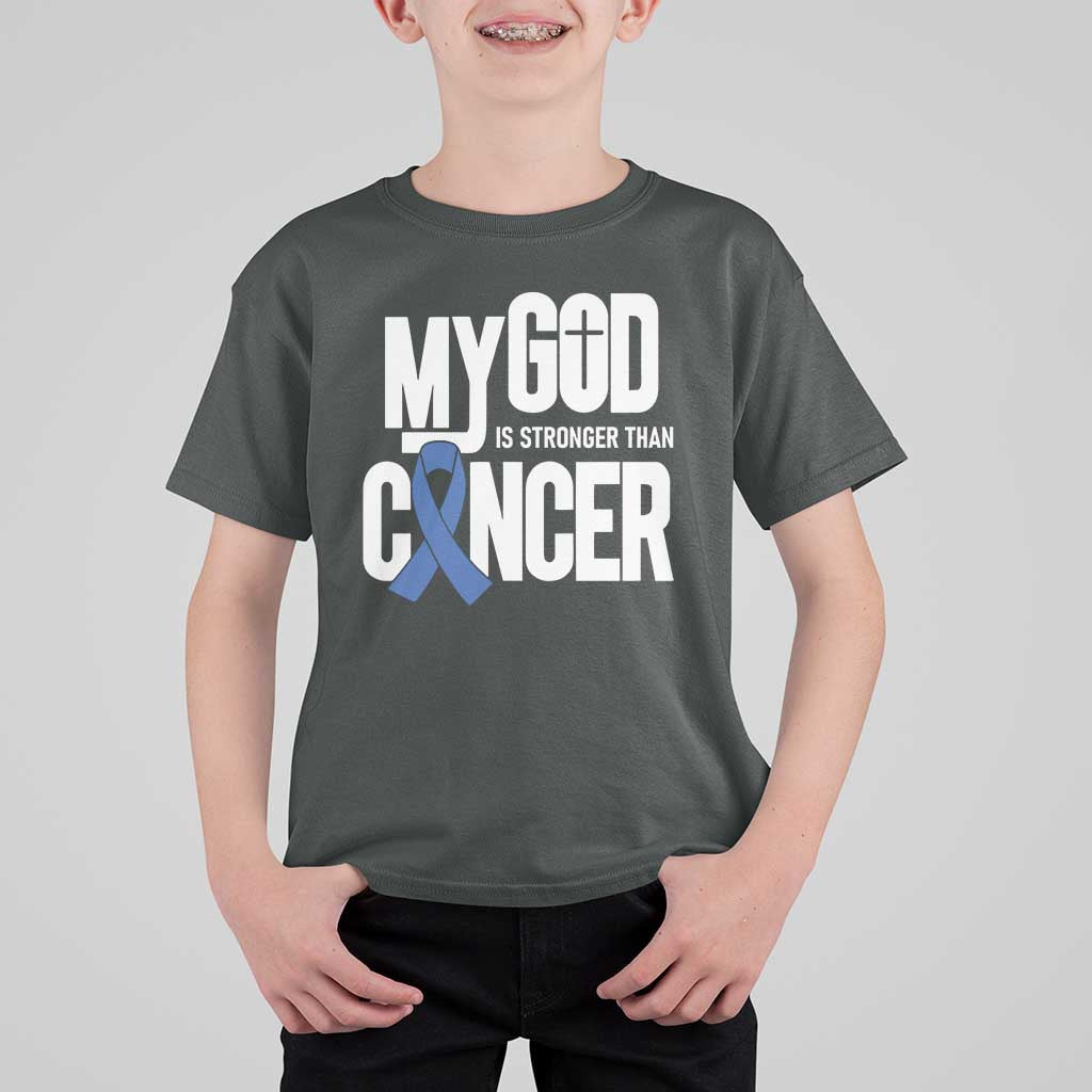 Colorectal Cancer Awareness T Shirt For Kid My God Is Stronger Than Cancer