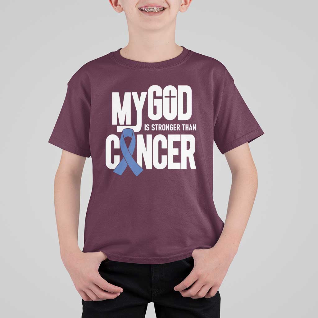 Colorectal Cancer Awareness T Shirt For Kid My God Is Stronger Than Cancer