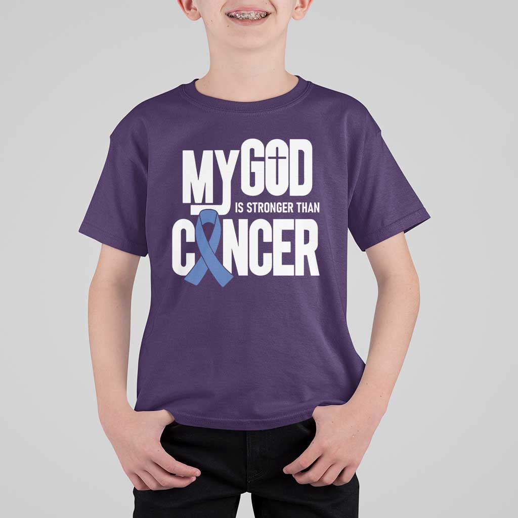 Colorectal Cancer Awareness T Shirt For Kid My God Is Stronger Than Cancer