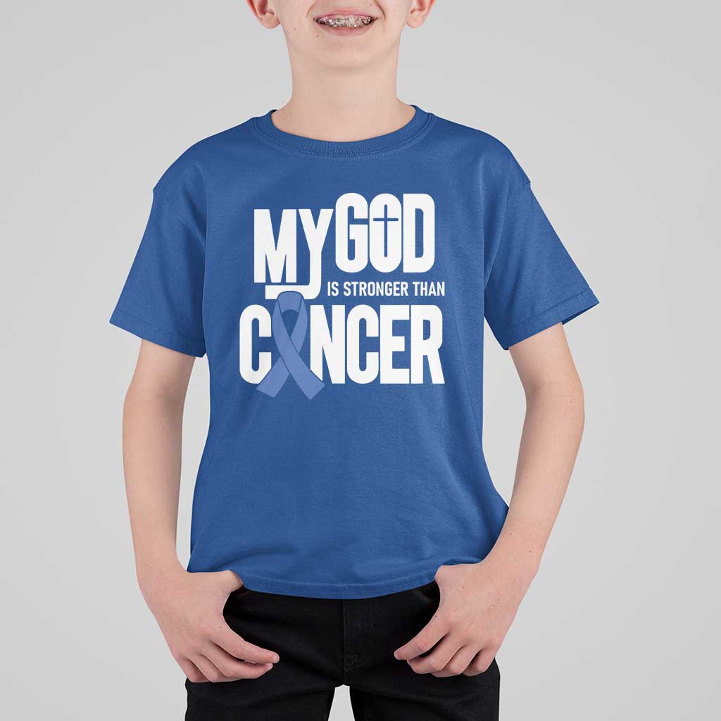Colorectal Cancer Awareness T Shirt For Kid My God Is Stronger Than Cancer