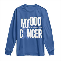 Colorectal Cancer Awareness Long Sleeve Shirt My God Is Stronger Than Cancer