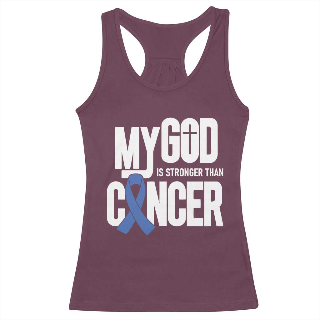 Colorectal Cancer Awareness Racerback Tank Top My God Is Stronger Than Cancer