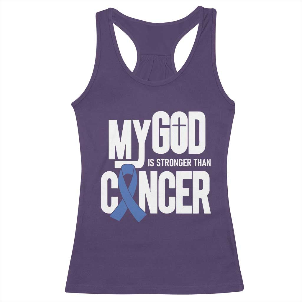 Colorectal Cancer Awareness Racerback Tank Top My God Is Stronger Than Cancer
