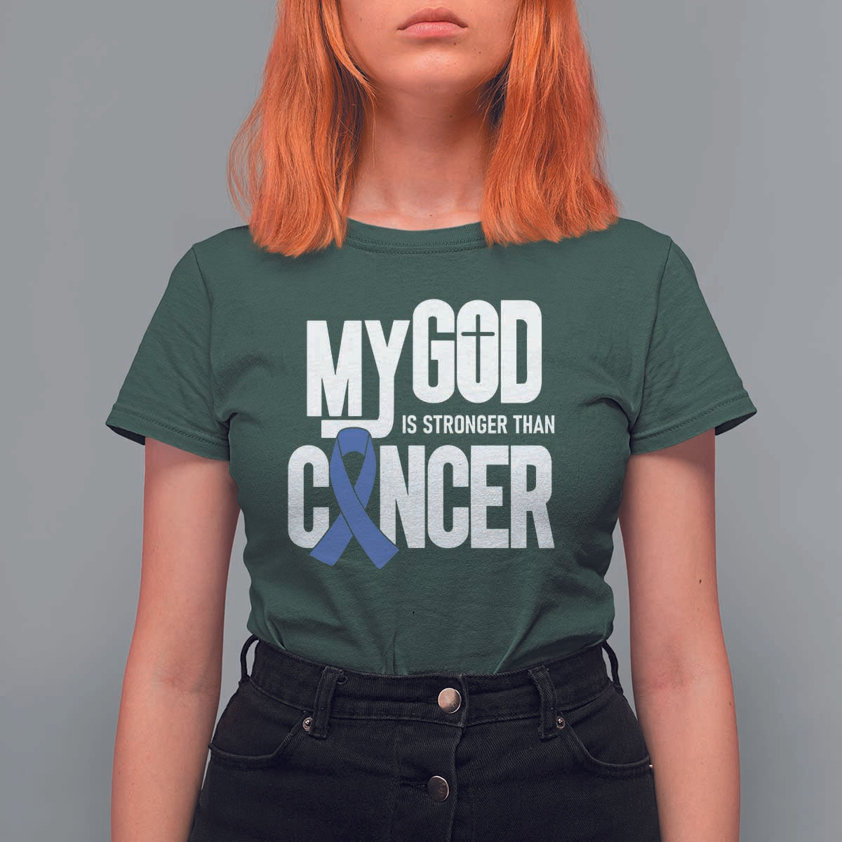 Colorectal Cancer Awareness T Shirt For Women My God Is Stronger Than Cancer