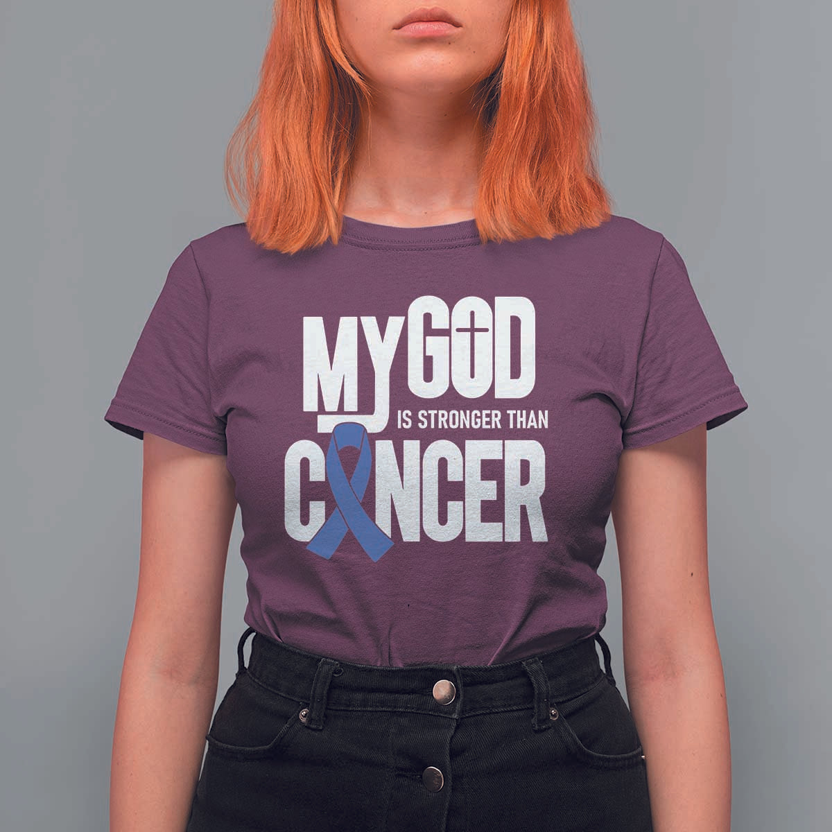 Colorectal Cancer Awareness T Shirt For Women My God Is Stronger Than Cancer