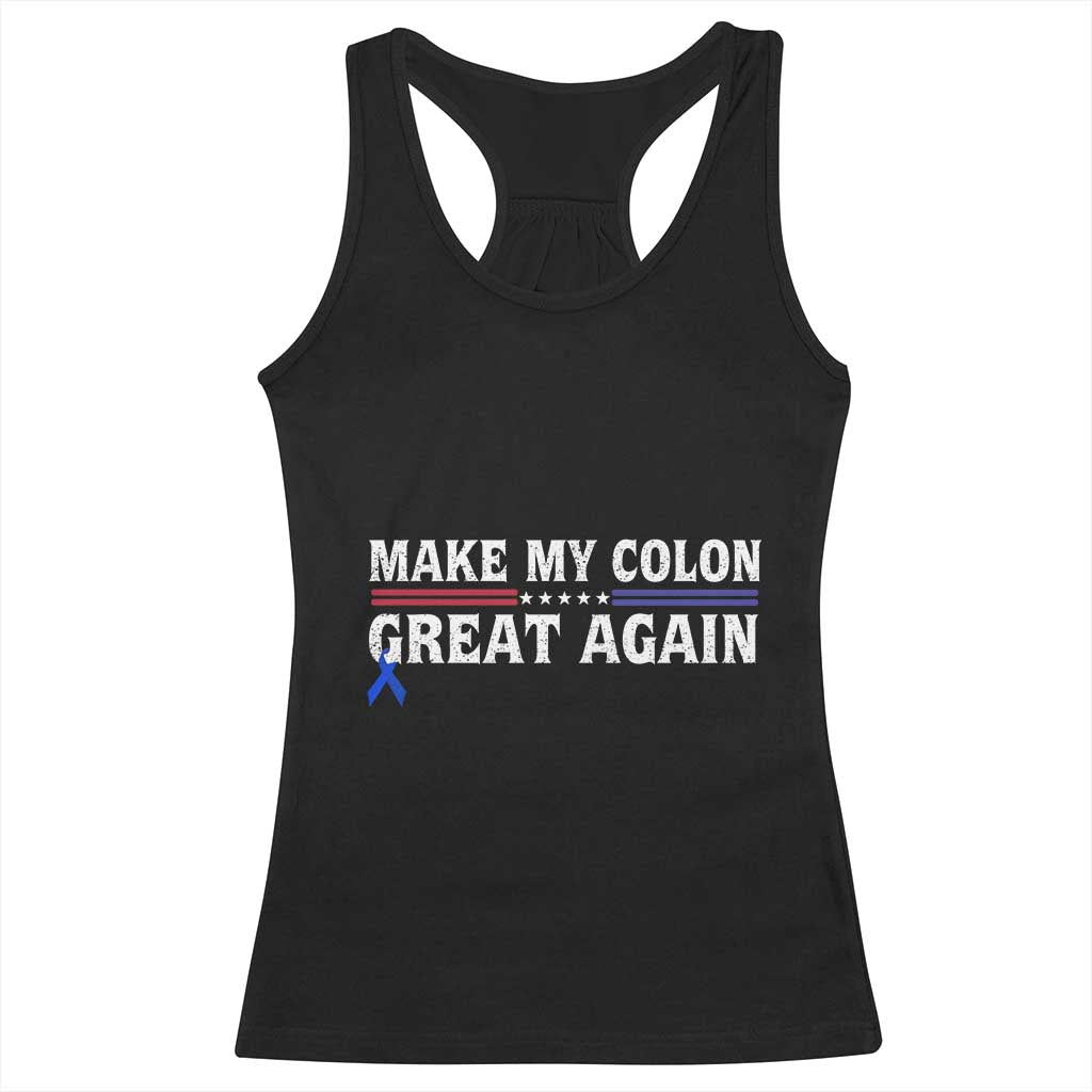 Make My Colon Great Again Racerback Tank Top Colorectal Cancer Awareness Vintage Star Blue Ribbon
