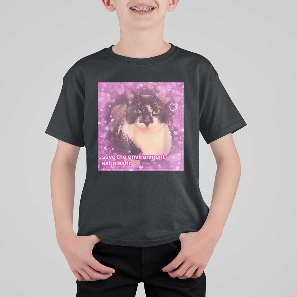 Funny Save The Environment Eat Plastic T Shirt For Kid Cat Meme