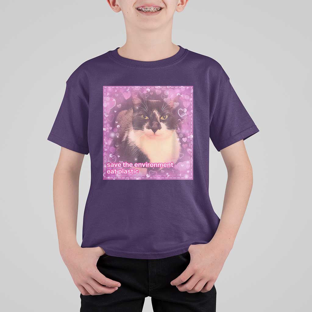 Funny Save The Environment Eat Plastic T Shirt For Kid Cat Meme
