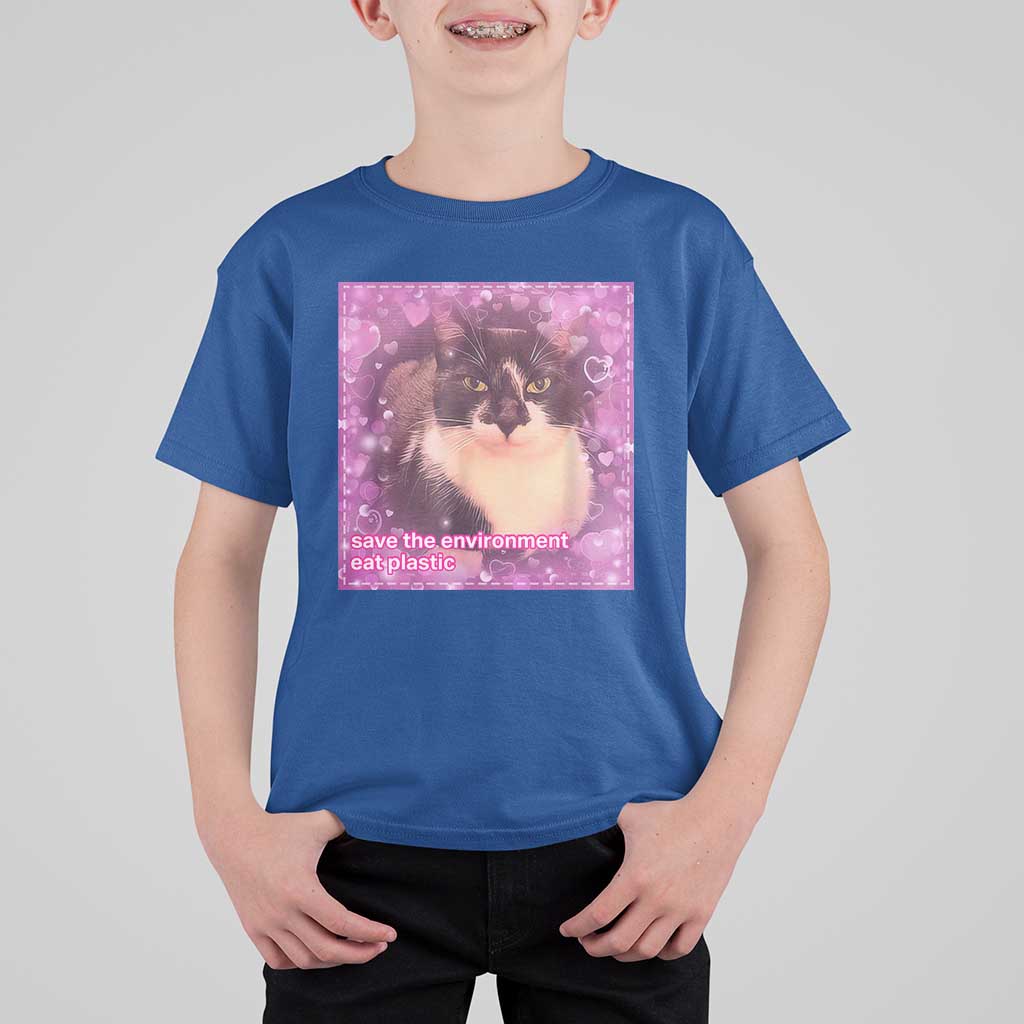 Funny Save The Environment Eat Plastic T Shirt For Kid Cat Meme