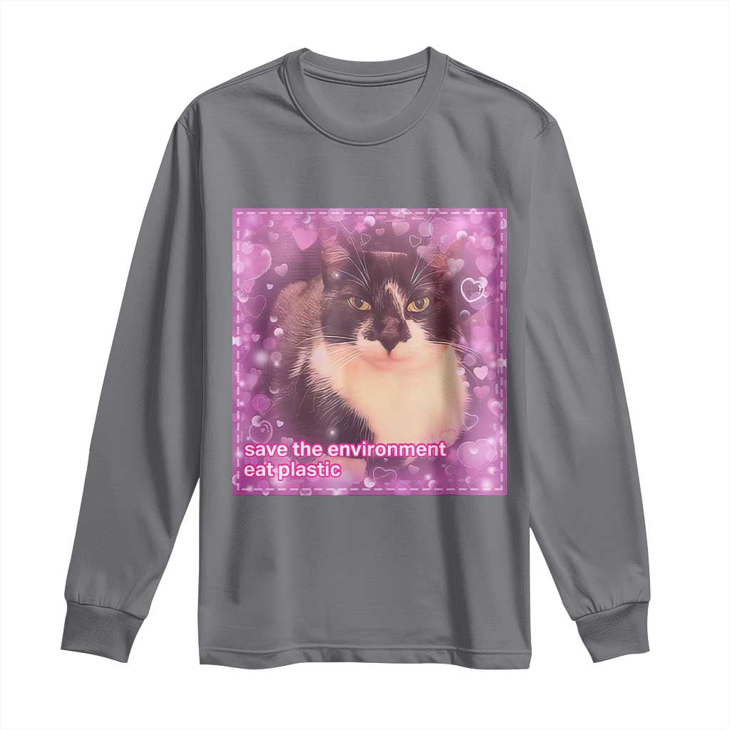 Funny Save The Environment Eat Plastic Long Sleeve Shirt Cat Meme