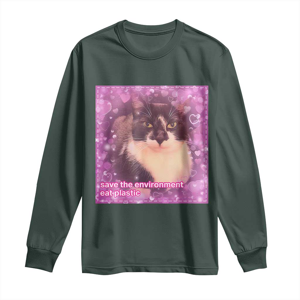 Funny Save The Environment Eat Plastic Long Sleeve Shirt Cat Meme
