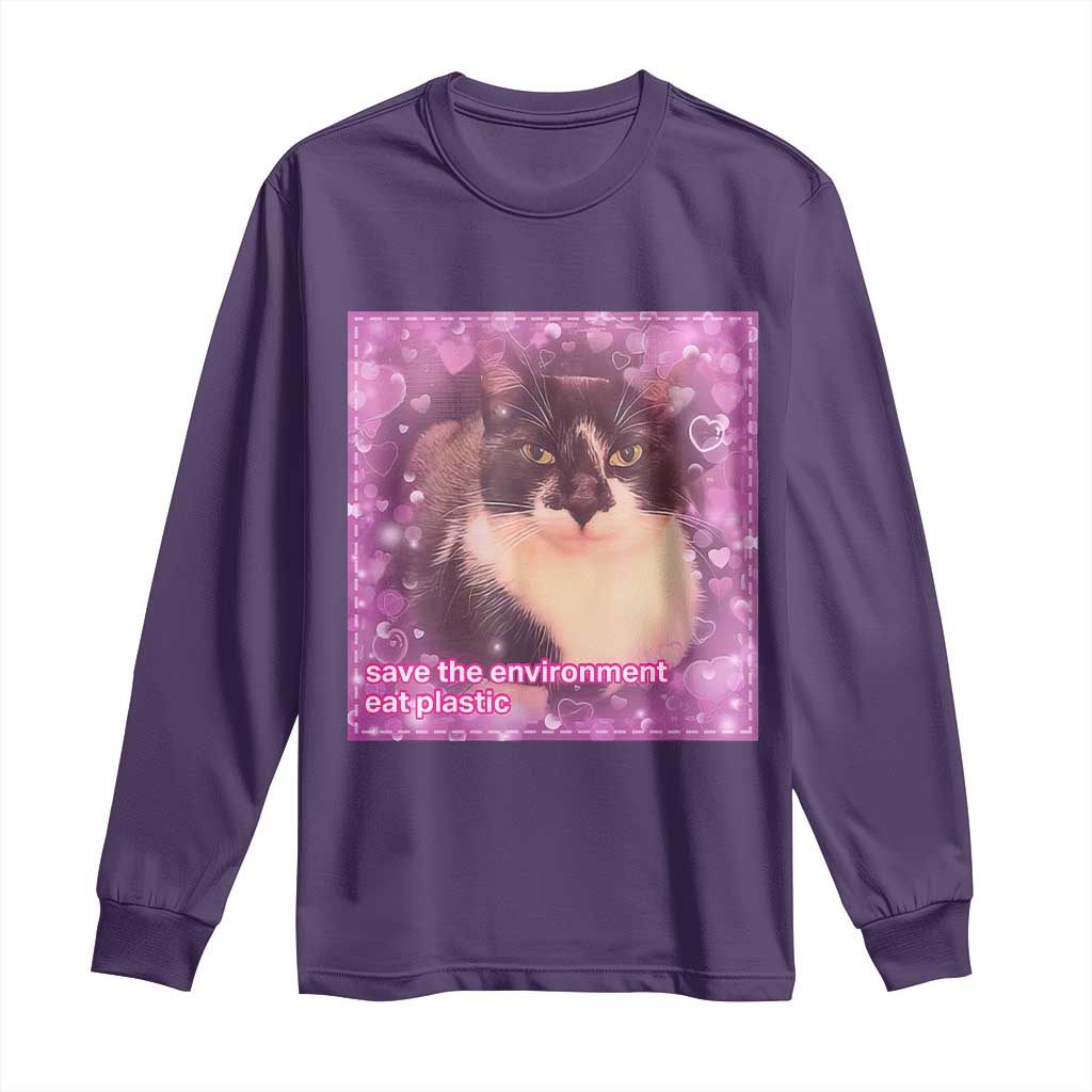Funny Save The Environment Eat Plastic Long Sleeve Shirt Cat Meme