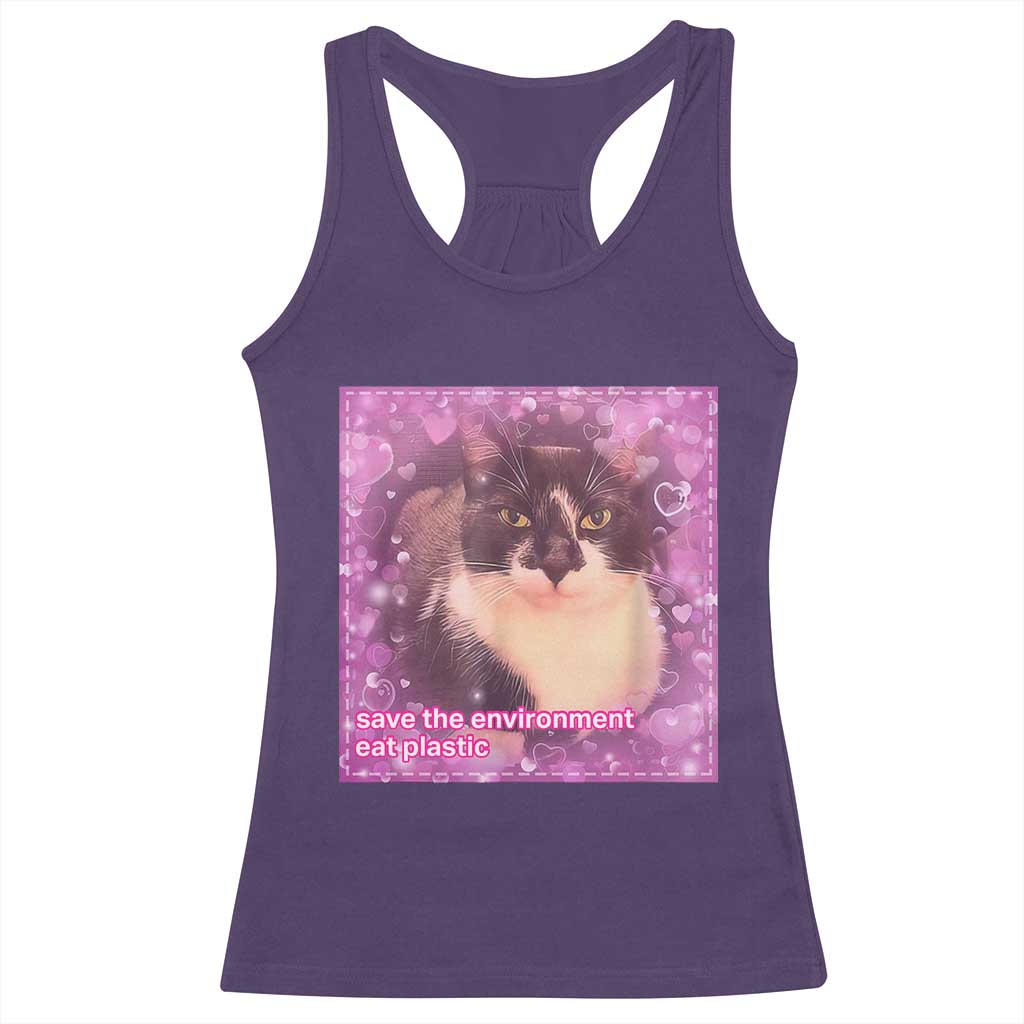Funny Save The Environment Eat Plastic Racerback Tank Top Cat Meme