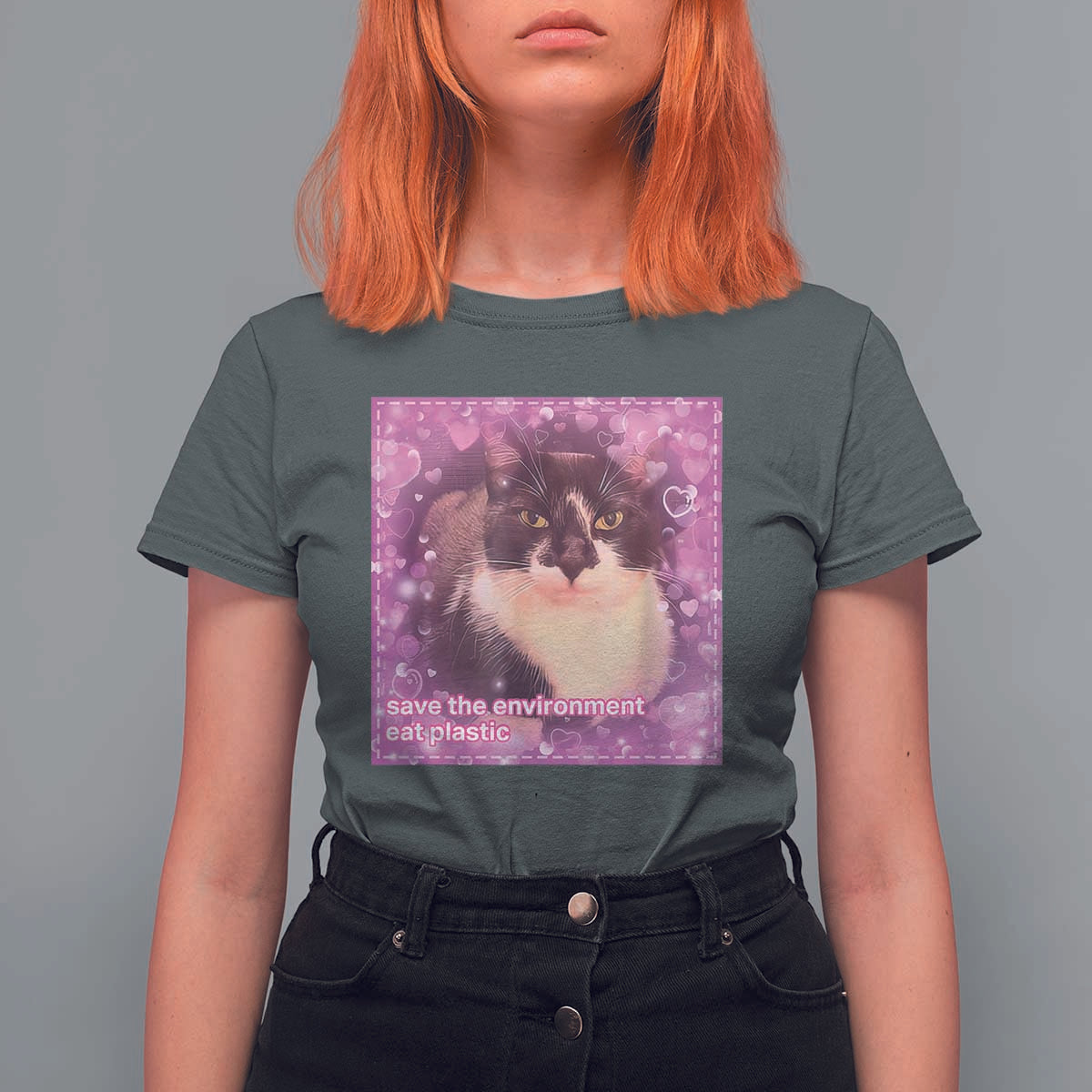 Funny Save The Environment Eat Plastic T Shirt For Women Cat Meme